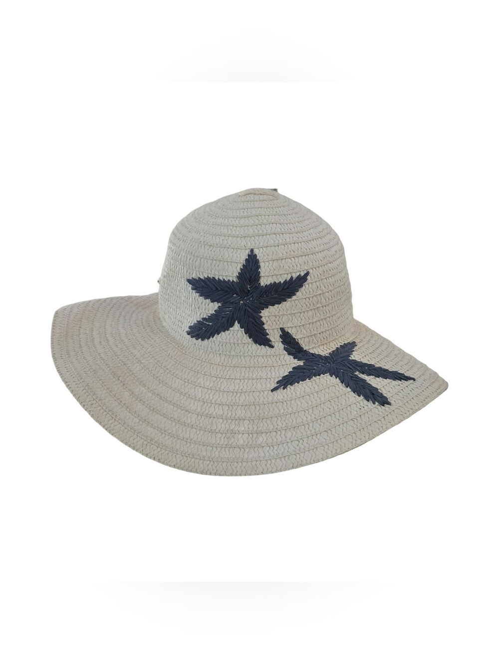 Panama Jack Cream Straw Sun Hat with Navy Starfish Embroidery Resortwear Travel